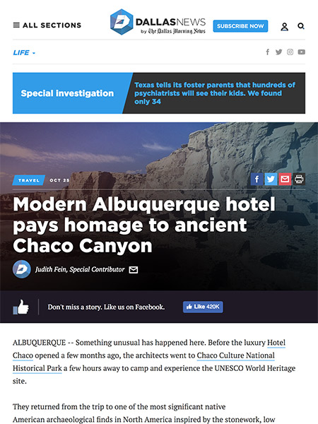 Modern Albuquerque hotel pays homage to ancient Chaco Canyon | The Dallas News October 2017