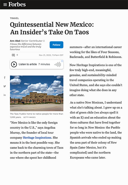 Quintessential New Mexico: An Insider’s Take On Taos | Forbes.com November 2022